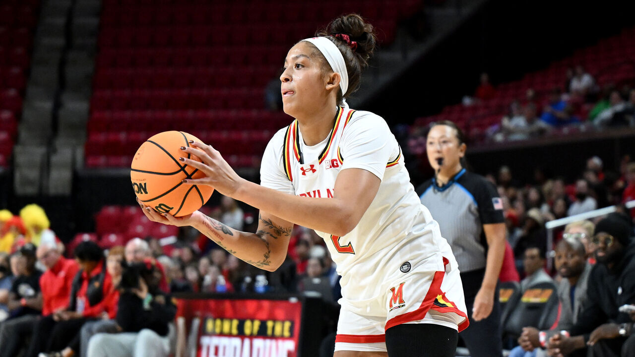 COLLEGE PARK, MARYLAND - NOVEMBER 16: Kaylene Smikle #2 of the Maryland Terrapins handles the ball against the Princeton Tigers at Xfinity Center on November 16, 2025 in College Park, Maryland.