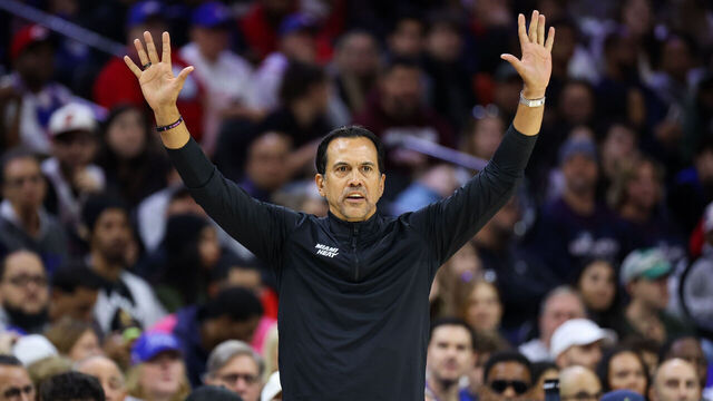 PHILADELPHIA, PENNSYLVANIA - NOVEMBER 23: Head coach Erik Spoelstra of the Miami Heat gestures against the Philadelphia 76ers at Xfinity Mobile Arena on November 23, 2025 in Philadelphia, Pennsylvania.