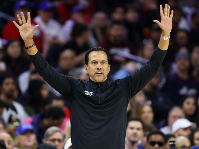 PHILADELPHIA, PENNSYLVANIA - NOVEMBER 23: Head coach Erik Spoelstra of the Miami Heat gestures against the Philadelphia 76ers at Xfinity Mobile Arena on November 23, 2025 in Philadelphia, Pennsylvania.