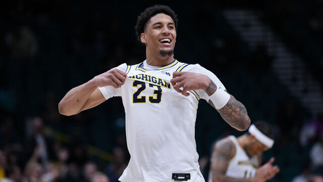 LAS VEGAS, NEVADA - NOVEMBER 26: Yaxel Lendeborg #23 of the Michigan Wolverines celebrates after dunking the ball during the second half against the Gonzaga Bulldogs during the Players Era Championship basketball tournament at MGM Grand Garden Arena on November 26, 2025 in Las Vegas, Nevada.