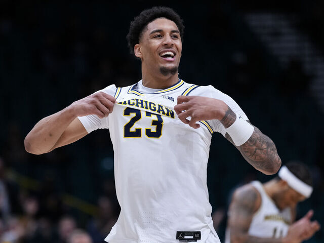 LAS VEGAS, NEVADA - NOVEMBER 26: Yaxel Lendeborg #23 of the Michigan Wolverines celebrates after dunking the ball during the second half against the Gonzaga Bulldogs during the Players Era Championship basketball tournament at MGM Grand Garden Arena on November 26, 2025 in Las Vegas, Nevada.