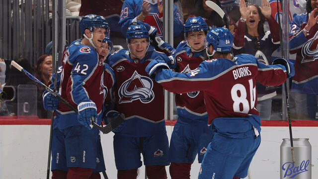 DENVER, COLORADO - NOVEMBER 26: Joel Kiviranta #94 of the Colorado Avalanche celebrates a goal against the San Jose Sharks with teammates Josh Manson #42, Brent Burns #84, Zakhar Bardakov #93 and Ivan Ivan #82 at Ball Arena on November 26, 2025 in Denver, Colorado.