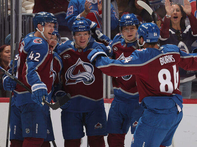 DENVER, COLORADO - NOVEMBER 26: Joel Kiviranta #94 of the Colorado Avalanche celebrates a goal against the San Jose Sharks with teammates Josh Manson #42, Brent Burns #84, Zakhar Bardakov #93 and Ivan Ivan #82 at Ball Arena on November 26, 2025 in Denver, Colorado.