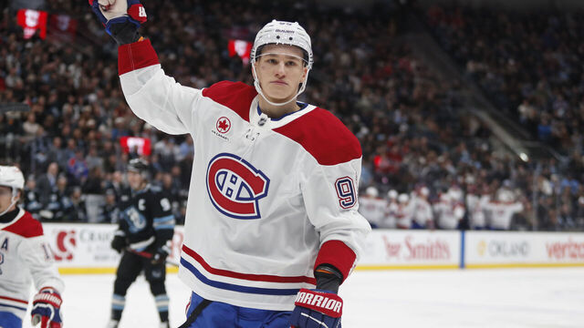 SALT LAKE CITY, UT - NOVEMBER 26: Ivan Demidov #93 of the Montreal Canadiens reacts after scoring the game-winning goal during the second period of their game against the Utah Mammoth at the Delta Center on November 26, 2025 in Salt Lake City, Utah.