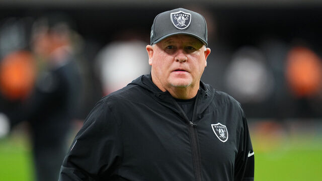 LAS VEGAS, NEVADA - NOVEMBER 23: Offensive coordinator Chip Kelly of the Las Vegas Raiders looks on before a game against the Cleveland Browns at Allegiant Stadium on November 23, 2025 in Las Vegas, Nevada.