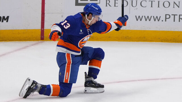 ELMONT, NY - NOVEMBER 26: New York Islanders Center Mathew Barzal (13) reacts to scoring a goal during the first period of the National Hockey League on November 26, 2025, at UBS Arena in Elmont, NY.