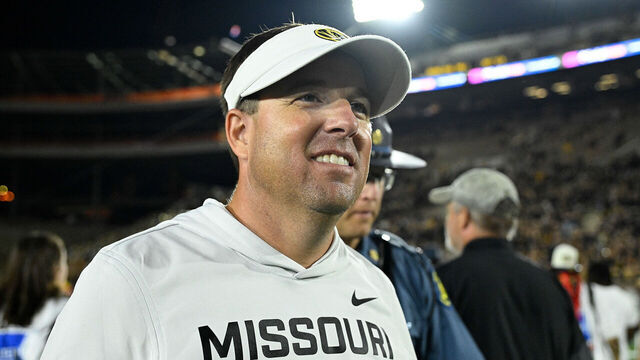 COLUMBIA, MISSOURI - SEPTEMBER 20: head coach Eli Drinkwitz of the Missouri Tigers looks on after defeating the South Carolina Gamecocks at Faurot Field at Memorial Stadium on September 20, 2025 in Columbia, Missouri.