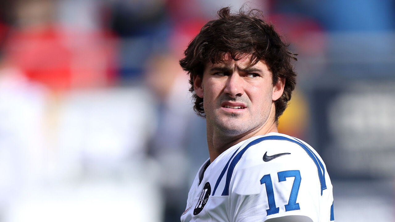 KANSAS CITY, MISSOURI - NOVEMBER 23: Daniel Jones #17 of the Indianapolis Colts looks on prior to the game against the Kansas City Chiefs at Arrowhead Stadium on November 23, 2025 in Kansas City, Missouri.