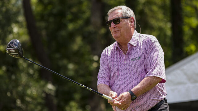 THE WOODLANDS, TEXAS - APRIL 30: Fuzzy Zoeller of the United States tees off on the 10th hole during the Greats of Golf competition at the Insperity Invitational at The Woodlands Golf Club on April 30, 2022 in The Woodlands, Texas.