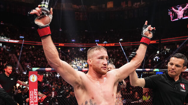 LAS VEGAS, NEVADA - MARCH 08: Justin Gaethje reacts to his win over Rafael Fiziev of Kazakstan in a lightweight fight during the UFC 313 event at T-Mobile Arena on March 08, 2025 in Las Vegas, Nevada.