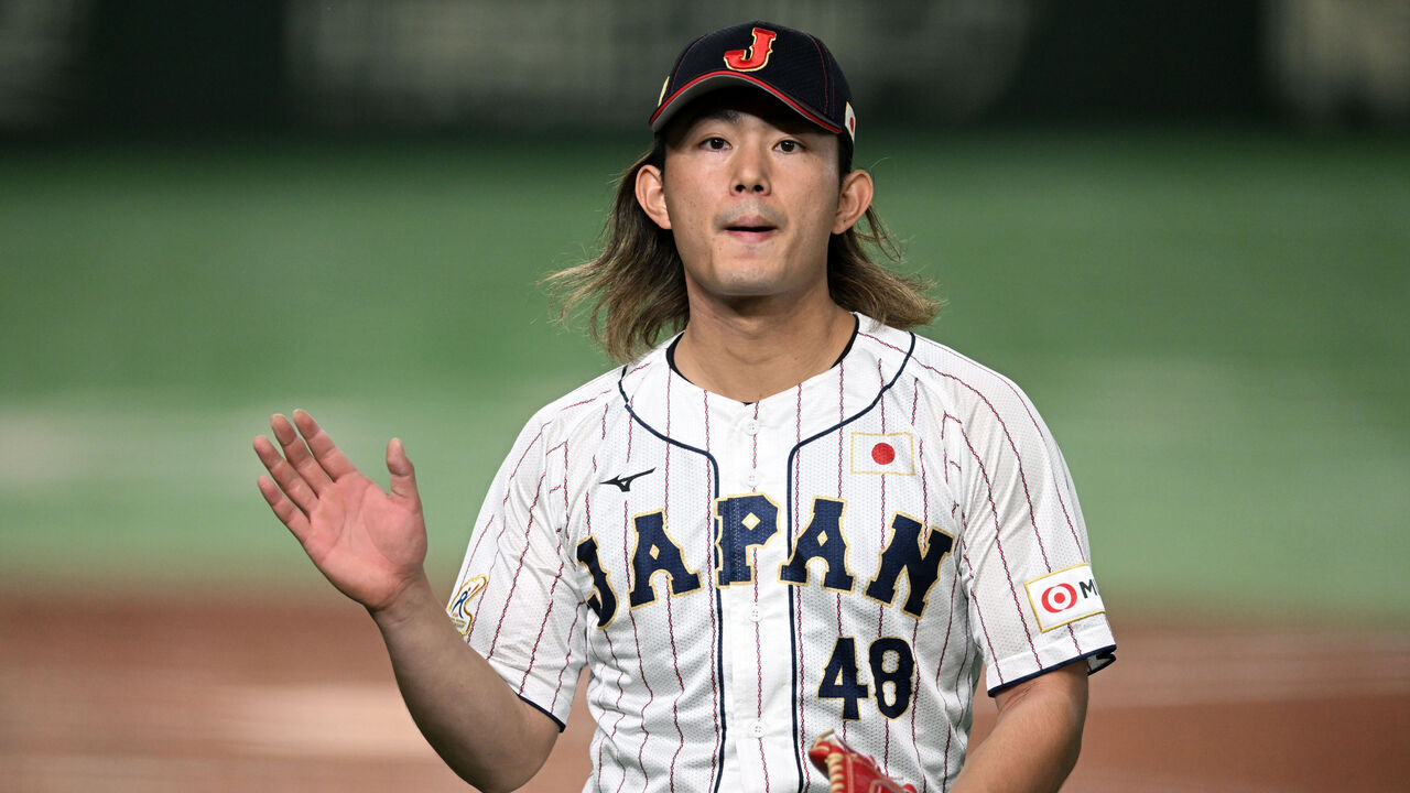 TOKYO, JAPAN - NOVEMBER 19: Pitcher Tatsuya Imai #48 of Japan reacts after the 4th inning during the Asia Professional Baseball Championship Final between South Korea and Japan at Tokyo Dome on November 19, 2023 in Tokyo, Japan.