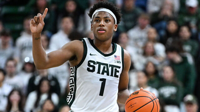 EAST LANSING, MI - NOVEMBER 21: Michigan State Spartans guard Jeremy Fears Jr. (1) jogs the ball up court during a college basketball game between the Michigan State Spartans and Detroit Mercy Titans on November 21, 2025 at the Breslin Center in East Lansing, MI.