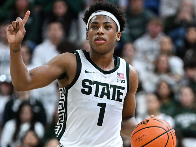 EAST LANSING, MI - NOVEMBER 21: Michigan State Spartans guard Jeremy Fears Jr. (1) jogs the ball up court during a college basketball game between the Michigan State Spartans and Detroit Mercy Titans on November 21, 2025 at the Breslin Center in East Lansing, MI.