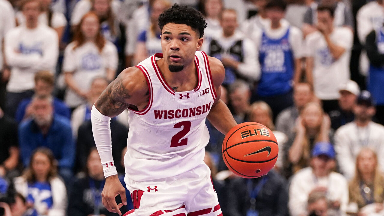 SALT LAKE CITY, UT - NOVEMBER 21: Nick Boyd #2 of the Wisconsin Badgers dribbles up court during a college basketball game between the Wisconsin Badgers and the BYU Cougars at the Delta Center, in Salt Lake City, UT.