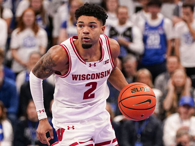 SALT LAKE CITY, UT - NOVEMBER 21: Nick Boyd #2 of the Wisconsin Badgers dribbles up court during a college basketball game between the Wisconsin Badgers and the BYU Cougars at the Delta Center, in Salt Lake City, UT.