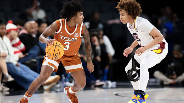 LAS VEGAS, NEVADA - NOVEMBER 27: Rori Harmon #3 of the Texas Longhorns dribbles against the South Carolina Gamecocks during the second half during the Players Era Championship basketball tournament at Michelob ULTRA Arena on November 27, 2025 in Las Vegas, Nevada.