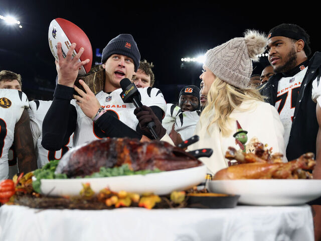 BALTIMORE, MARYLAND - NOVEMBER 27: Joe Burrow #9 of the Cincinnati Bengals is interviewed by NBC Sports reporter Melissa Stark after the game against the Baltimore Ravens at M&T Bank Stadium on November 27, 2025 in Baltimore, Maryland.