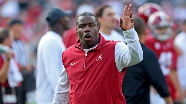 TUSCALOOSA, ALABAMA - NOVEMBER 22: Wide receivers coach JaMarcus Shephard reacts during pregame drills before playing the Eastern Illinois Panthers at Bryant-Denny Stadium on November 22, 2025 in Tuscaloosa, Alabama.
