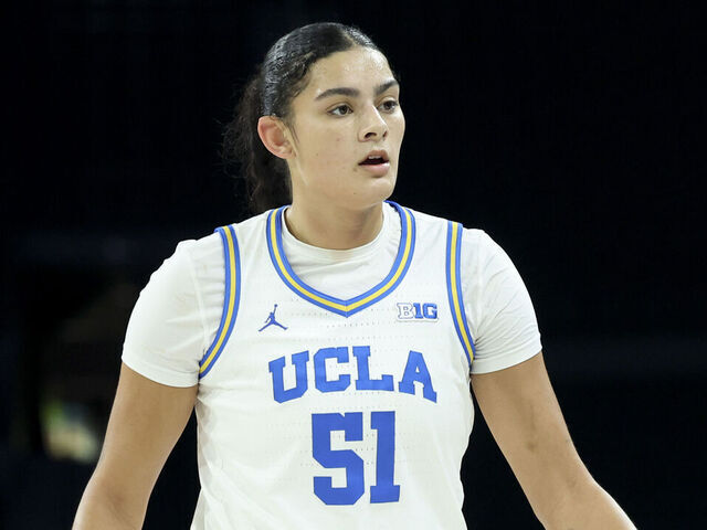 LAS VEGAS, NEVADA - NOVEMBER 13: Lauren Betts #51 of the UCLA Bruins looks on in the fourth quarter of a 2025 WBCA Challenge game against the North Carolina Tar Heels at Michelob ULTRA Arena on November 13, 2025 in Las Vegas, Nevada.