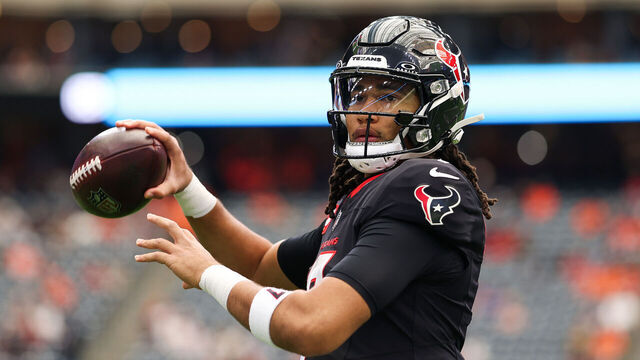 HOUSTON, TEXAS - NOVEMBER 02: C.J. Stroud #7 of the Houston Texans warms up during the NFL 2025 game against the Denver Broncos at NRG Stadium on November 02, 2025 in Houston, Texas.""