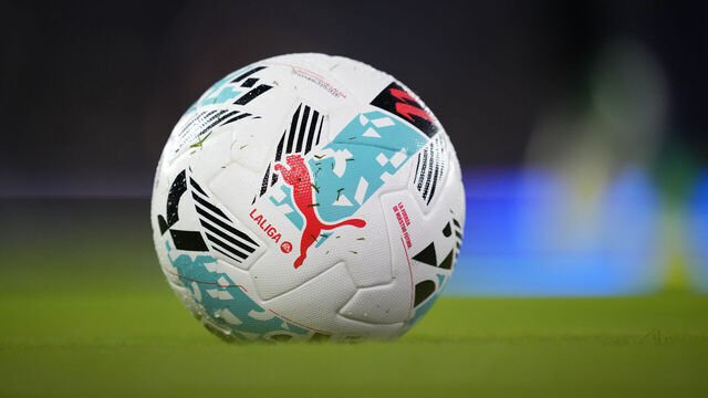 Match ball during the warm-up before the LaLiga EA Sports match between Levante UD and FC Barcelona at Ciutat de Valencia on August 23, 2025 in Valencia, Spain.