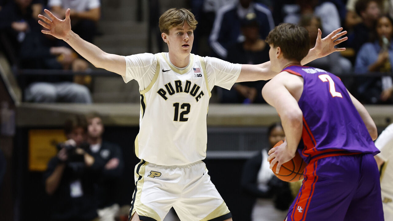 WEST LAFAYETTE, IN - NOVEMBER 04: Purdue Boilermakers center Daniel Jacobsen (12) defends Evansville Purple Aces forward James Dyson-Merwe (2) during a college basketball game between the Evansville Purple Aces and the Purdue Boilermakers on November 04,2025 at Mackey Arena in West Lafayette, IN.