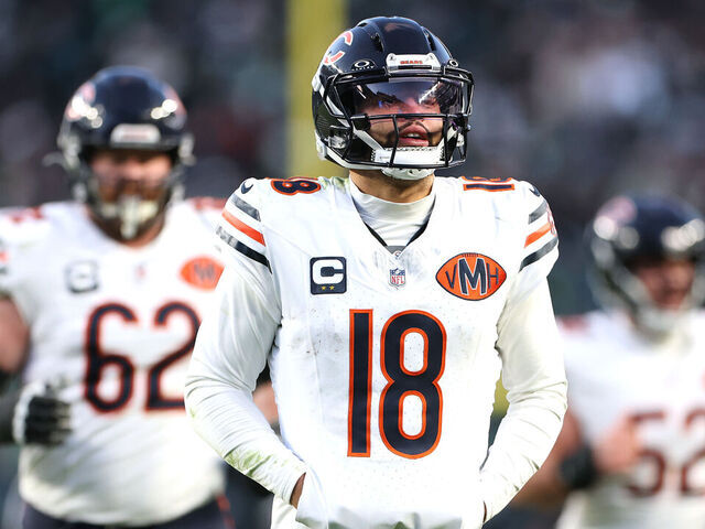 PHILADELPHIA, PENNSYLVANIA - NOVEMBER 28: Caleb Williams #18 of the Chicago Bears walks off the field at the end of the second quarter in the game against the Philadelphia Eagles at Lincoln Financial Field on November 28, 2025 in Philadelphia, Pennsylvania.