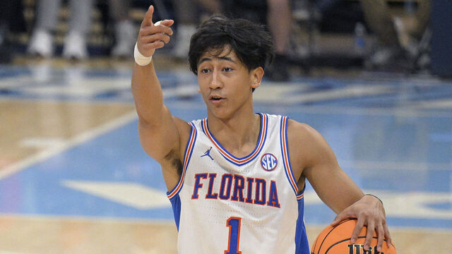 SAN DIEGO, CALIFORNIA - NOVEMBER 28: Xaivian Lee #1 of the Florida Gators gestures during the second half against the Providence Friars in the Rady Children's Invitational at Jenny Craig Pavilion on November 28, 2025 in San Diego, California.