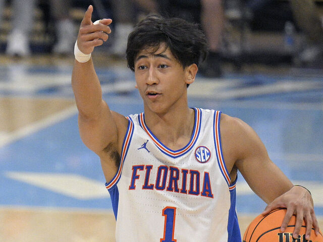 SAN DIEGO, CALIFORNIA - NOVEMBER 28: Xaivian Lee #1 of the Florida Gators gestures during the second half against the Providence Friars in the Rady Children's Invitational at Jenny Craig Pavilion on November 28, 2025 in San Diego, California.