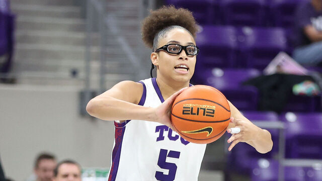 FORT WORTH, TEXAS - NOVEMBER 20: Olivia Miles #5 of the TCU Horned Frogs passes the ball during the first half against the Tarleton State Texans at Schollmaier Arena on November 20, 2025 in Fort Worth, Texas.