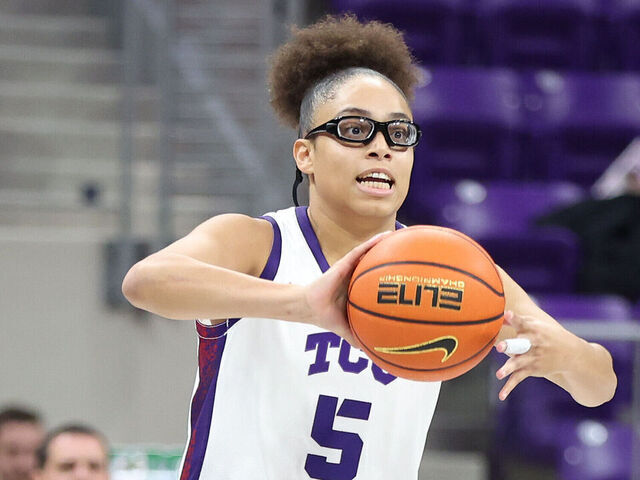 FORT WORTH, TEXAS - NOVEMBER 20: Olivia Miles #5 of the TCU Horned Frogs passes the ball during the first half against the Tarleton State Texans at Schollmaier Arena on November 20, 2025 in Fort Worth, Texas.