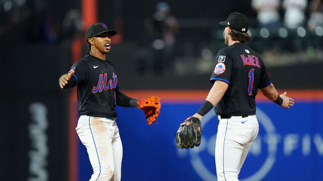 NEW YORK, NY - JULY 02: Francisco Lindor #12 and Jeff McNeil #1 of the New York Mets celebrate after winning the game between the Milwaukee Brewers and the New York Mets at Citi Field on Wednesday, July 2, 2025 in New York, New York.