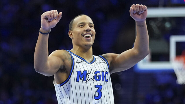 PHILADELPHIA, PENNSYLVANIA - NOVEMBER 25: Desmond Bane #3 of the Orlando Magic reacts against the Philadelphia 76ers in the second half during the 2025-26 Emirates NBA Cup game at Xfinity Mobile Arena on November 25, 2025 in Philadelphia, Pennsylvania. The Magic defeated the 76ers 144-103.