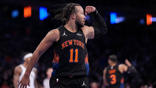 NEW YORK, NEW YORK - NOVEMBER 28: Jalen Brunson #11 of the New York Knicks reacts in the second half against the Milwaukee Bucks at Madison Square Garden on November 28, 2025 in New York City.