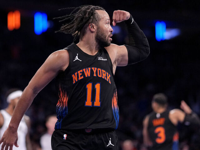 NEW YORK, NEW YORK - NOVEMBER 28: Jalen Brunson #11 of the New York Knicks reacts in the second half against the Milwaukee Bucks at Madison Square Garden on November 28, 2025 in New York City.