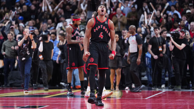 TORONTO, CANADA - NOVEMBER 26: Scottie Barnes #4 of the Toronto Raptors celebrates defeating the Indiana Pacers in their basketball game at the Scotiabank Arena on November 26, 2025 in Toronto, Ontario, Canada. NOTE TO USER: User expressly acknowledges and agrees that, by downloading and/or using this Photograph, user is consenting to the terms and conditions of the Getty Images License Agreement.