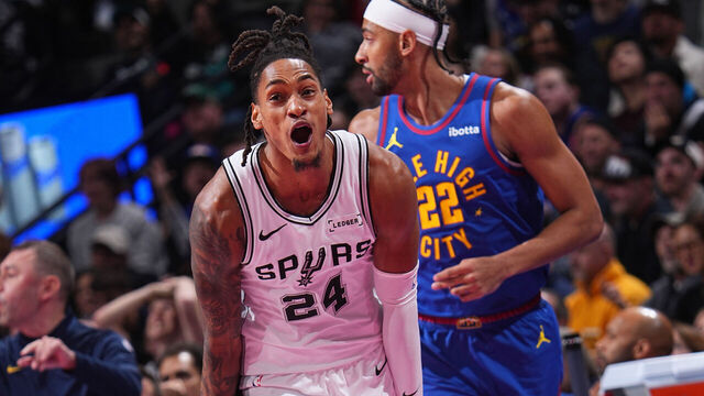DENVER, CO - NOVEMBER 28: Devin Vassell #24 of the San Antonio Spurs celebrates during the game against the Denver Nuggets during the 2025-26 Emirates Cup on November 28, 2025 at Ball Arena in Denver, Colorado. NOTE TO USER: User expressly acknowledges and agrees that, by downloading and/or using this Photograph, user is consenting to the terms and conditions of the Getty Images License Agreement. Mandatory Copyright Notice: Copyright 2025 NBAE