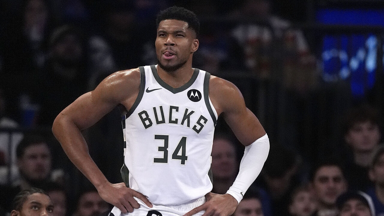 NEW YORK, NEW YORK - NOVEMBER 28: Giannis Antetokounmpo #34 of the Milwaukee Bucks looks on from the bench in the second half against the New York Knicks at Madison Square Garden on November 28, 2025 in New York City.