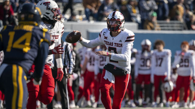 MORGANTOWN, WEST VIRGINIA - NOVEMBER 29: Behren Morton #2 of the Texas Tech Red Raiders in action in the first quarter during a game against the West Virginia Mountaineers at Milan Puskar Stadium on November 29, 2025 in Morgantown, West Virginia.