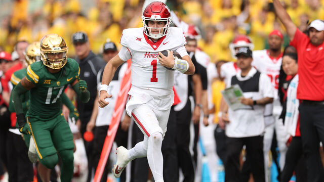 WACO, TEXAS - NOVEMBER 29: Conner Weigman #1 of the Houston Cougars runs with the ball during the third quarter against the Baylor Bears at McLane Stadium on November 29, 2025 in Waco, Texas.