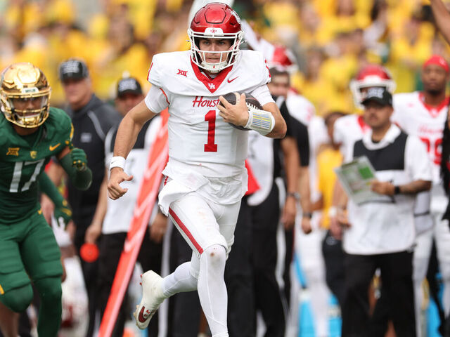 WACO, TEXAS - NOVEMBER 29: Conner Weigman #1 of the Houston Cougars runs with the ball during the third quarter against the Baylor Bears at McLane Stadium on November 29, 2025 in Waco, Texas.