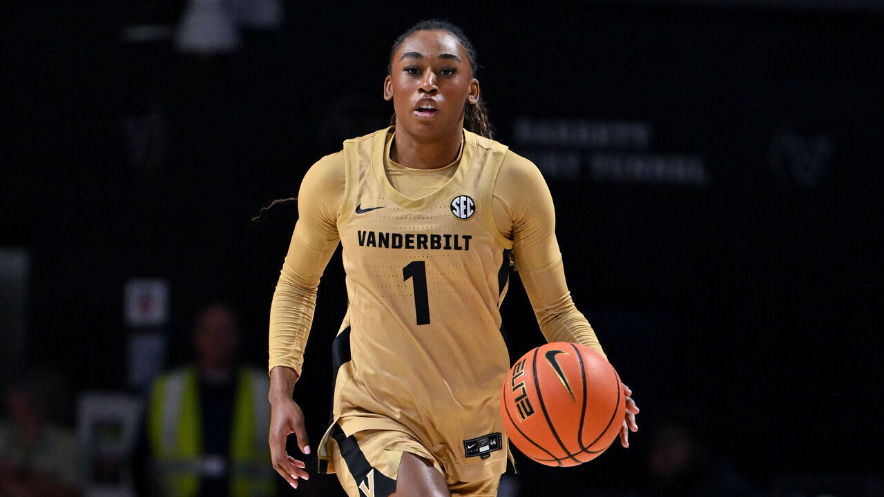 NASHVILLE, TENNESSEE - NOVEMBER 23: Mikayla Blakes #1 of the Vanderbilt Commodores drives the ball towards the basket against the Tennessee State Tigers in the first half at Vanderbilt University Memorial Gymnasium on November 23, 2025 in Nashville, Tennessee.