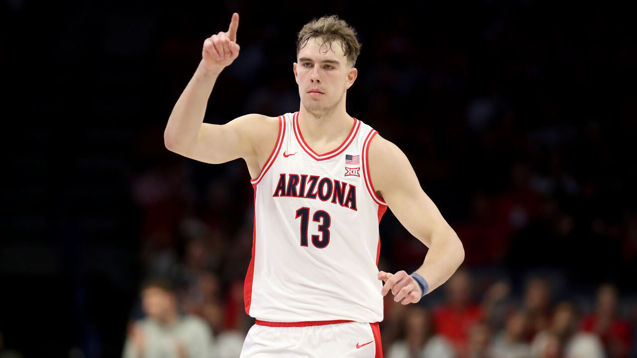 TUCSON, AZ - NOVEMBER 07: Arizona Wildcats center Motiejus Krivas (13) during a men's basketball game between the Utah Tech Trailblazers and the University of Arizona Wildcats on November 7, 2025, at McKale Center in Tucson, AZ.