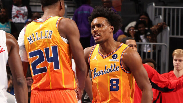 CHARLOTTE, NC - NOVEMBER 29: Brandon Miller #24 and Collin Sexton #8 of the Charlotte Hornets celebrates during the game against the Toronto Raptors on November 29, 2025 at Spectrum Center in Charlotte, North Carolina. Mandatory Copyright Notice: Copyright 2025 NBAE