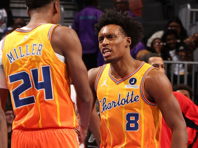 CHARLOTTE, NC - NOVEMBER 29: Brandon Miller #24 and Collin Sexton #8 of the Charlotte Hornets celebrates during the game against the Toronto Raptors on November 29, 2025 at Spectrum Center in Charlotte, North Carolina. Mandatory Copyright Notice: Copyright 2025 NBAE