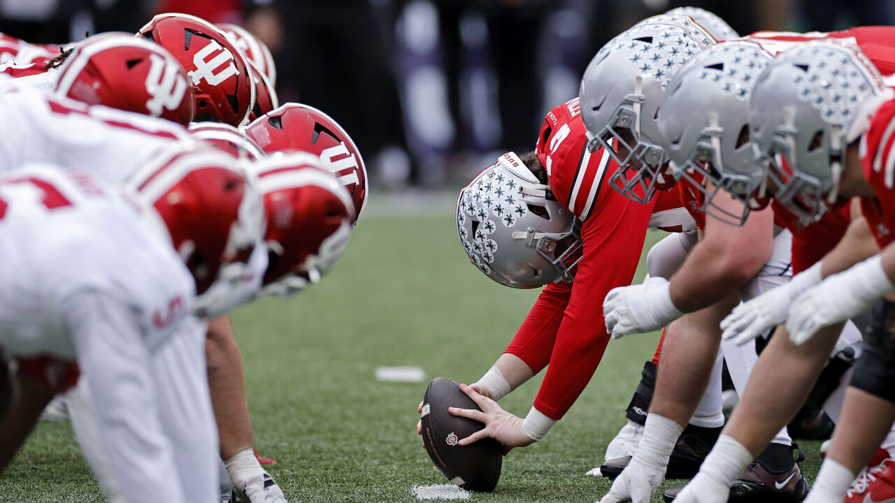 COLUMBUS, OH - NOVEMBER 23: Ohio State Buckeyes players line up at the line of scrimmage before the snap during a college football game against the Indiana Hoosiers on November 23, 2024 at Ohio Stadium in Columbus, Ohio.