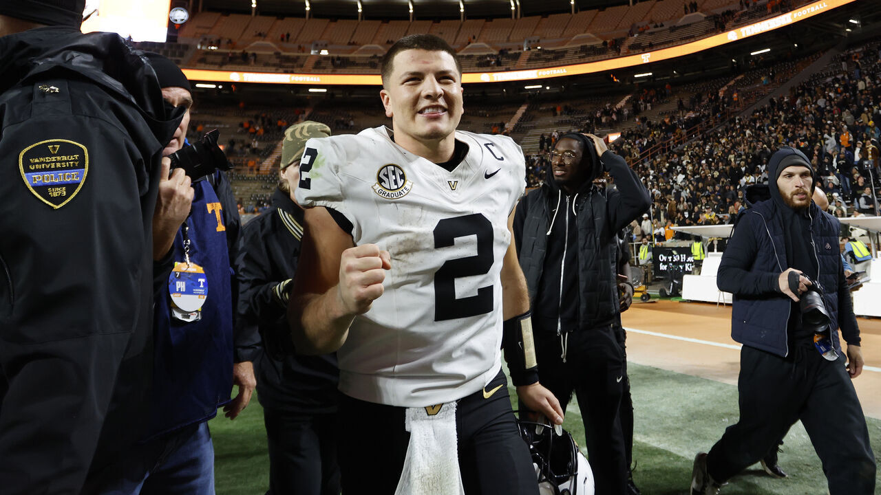 KNOXVILLE, TENNESSEE - NOVEMBER 29: Diego Pavia #2 of the Vanderbilt Commodores celebrates after a victory against the Tennessee Volunteers at Neyland Stadium on November 29, 2025 in Knoxville, Tennessee.
