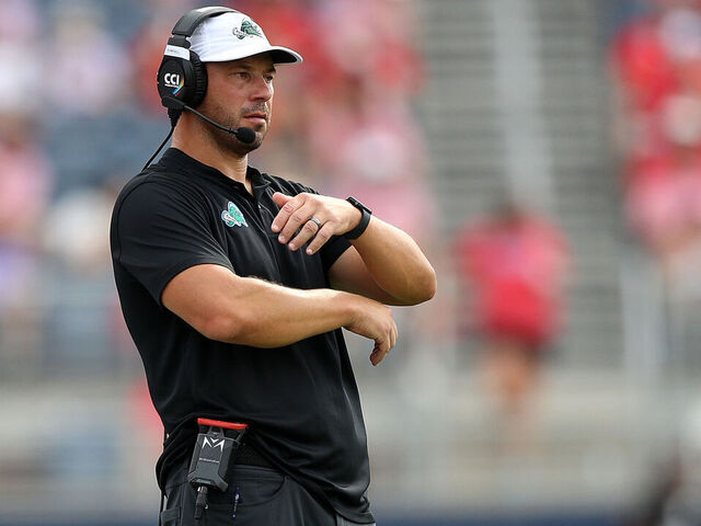 OXFORD, MISSISSIPPI - SEPTEMBER 20: head coach Jon Sumrall of the Tulane Green Wave looks on during the game against the Mississippi Rebels at Vaught-Hemingway Stadium on September 20, 2025 in Oxford, Mississippi.
