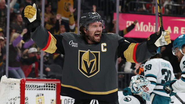 LAS VEGAS, NEVADA - NOVEMBER 29: Mark Stone #61 of the Vegas Golden Knights reacts after a goal by Tomas Hertl #48 during the second period against the San Jose Sharks at T-Mobile Arena on November 29, 2025 in Las Vegas, Nevada.