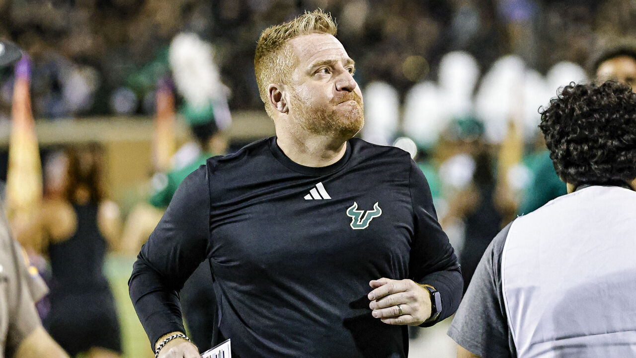 DENTON, TX - OCTOBER 10: South Florida Bulls head coach Alex Golesh walks along the sidelines during the game between the North Texas Mean Green and the South Florida Bulls on October 10, 2025 at DATCU Stadium in Denton, Texas.